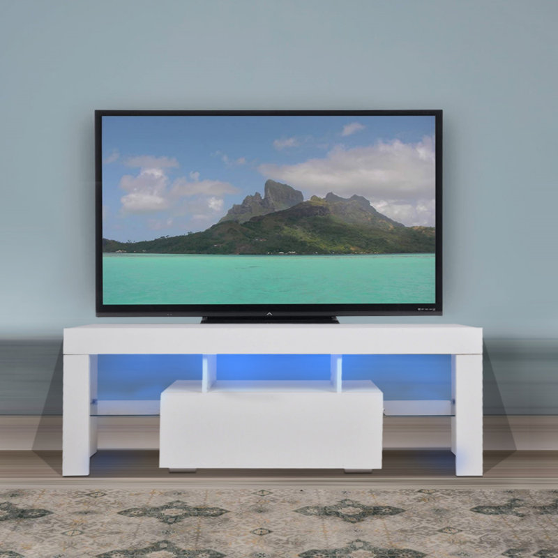 LED TV Stand for Televisions Up to 55 Inchs Modern Entertainment Center with Down Filp Door Glass Shelf and High Glossy UV Front Face TV Console